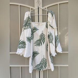 Mestiza New York Luna Palm Leaf Bell Sleeve Lined Linen Dress